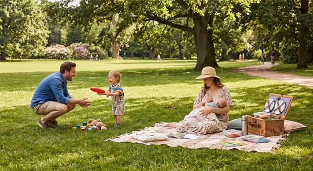 Family enjoying a picnic in the park with a toddler and a newborn