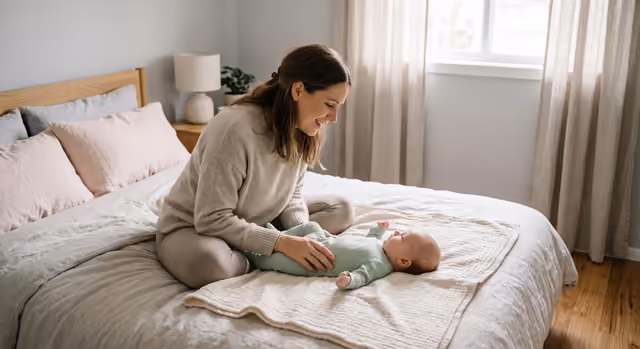 Parent playing with a happy baby on the bed at home