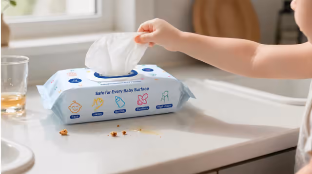 Toddler reaching for a Kinder Clean wipe to clean up spilled food on the kitchen counter