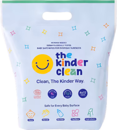 Several The Kinder Clean wipe packs stacked together