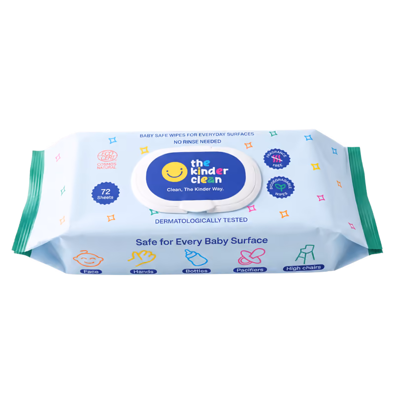 The Kinder Clean 72-count baby-safe wipes pack, front of pack