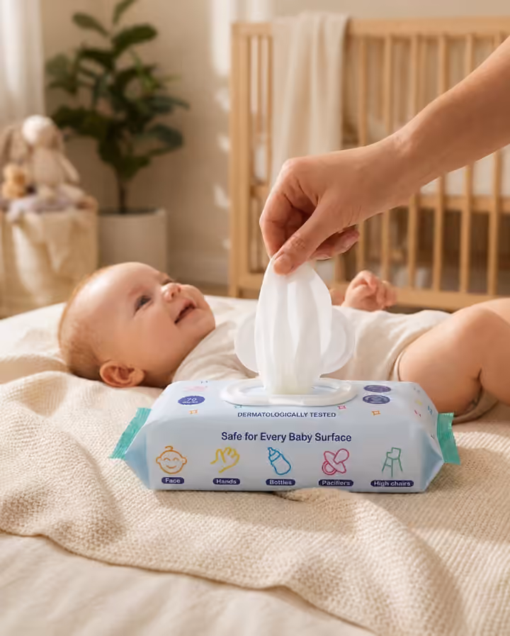 Baby lying on a soft blanket in the nursery, hand reaching for a Kinder Clean wipe